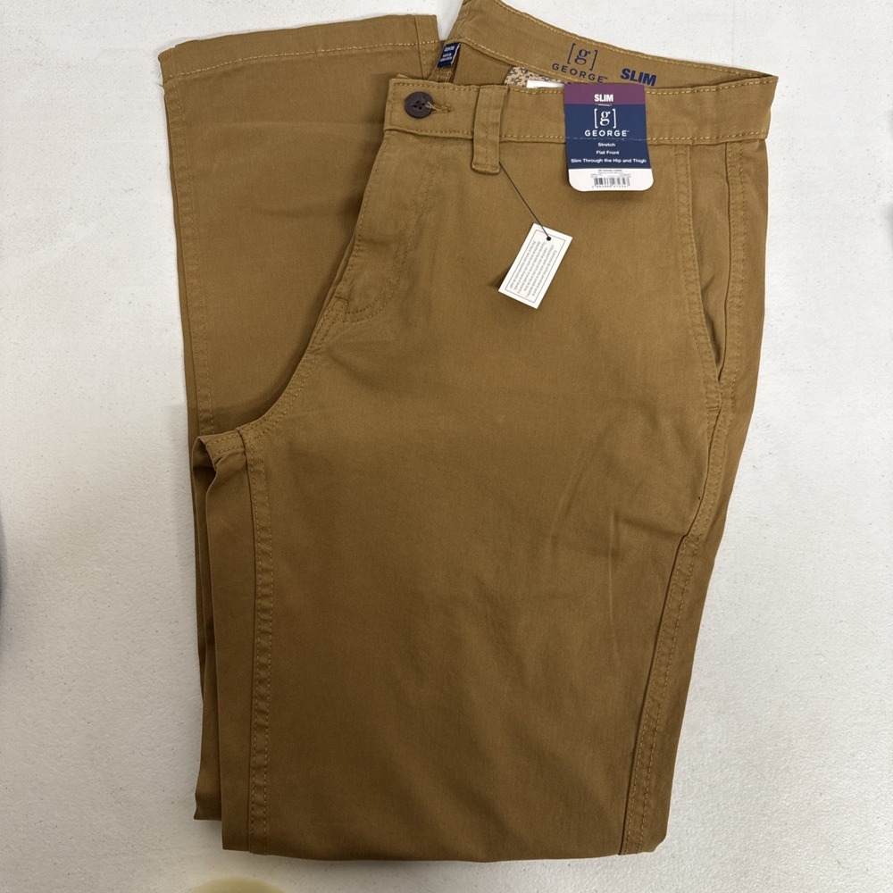George Mens Slim Stretch Chino Pants Trailblazer Brown Cotton NWT 33X30
